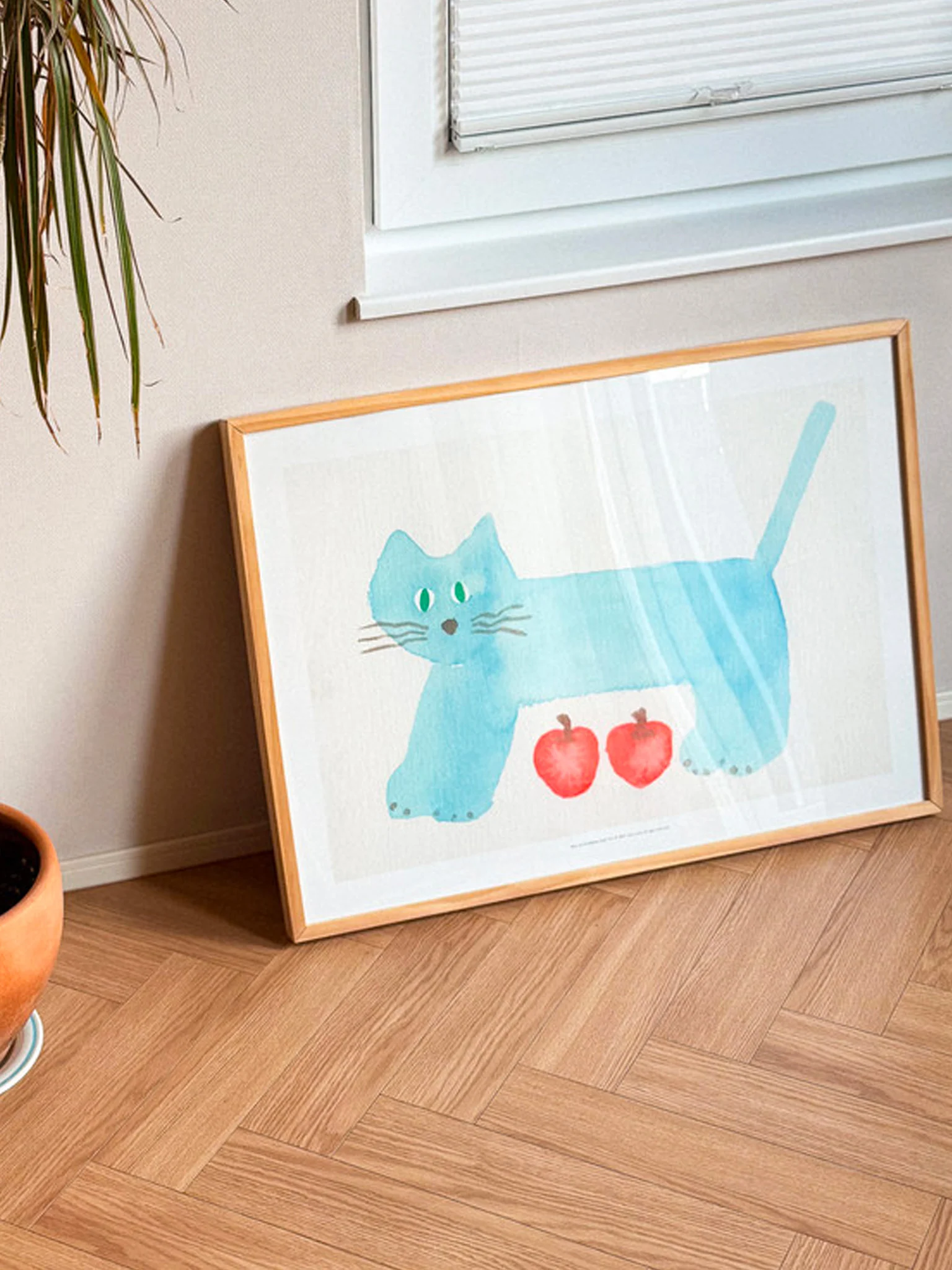 Blue Cat & Apples Poster by little room (A3) - Image 2