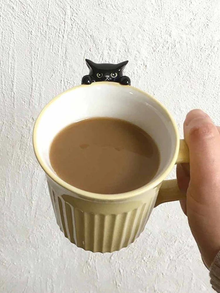 Cat Hanging Niramekko Mug - Black Cat (Yellow) - Image 2