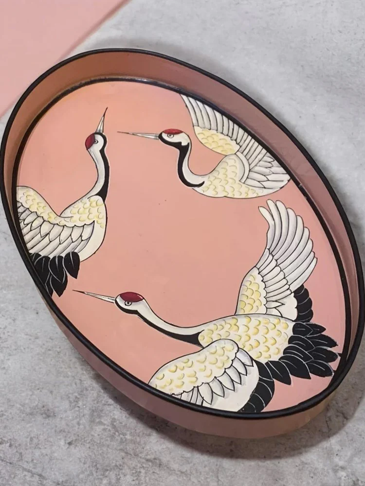Hand-painted Oval Iron Tray - Pink Cranes - Image 2