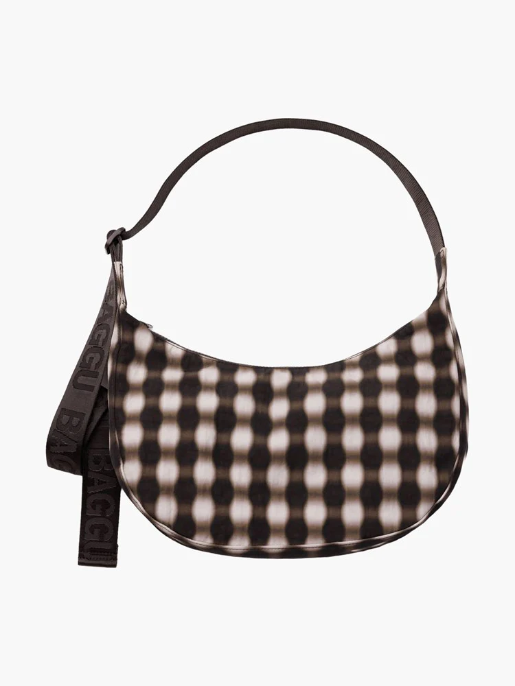 Medium Nylon Crescent Bag - Blurred Gingham Brown