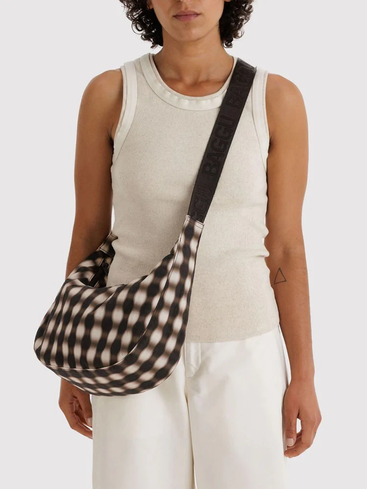Medium Nylon Crescent Bag - Blurred Gingham Brown - Image 2
