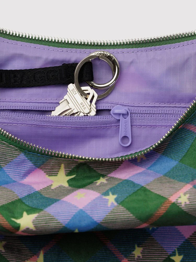 Medium Nylon Crescent Bag - Green Star Plaid - Image 3