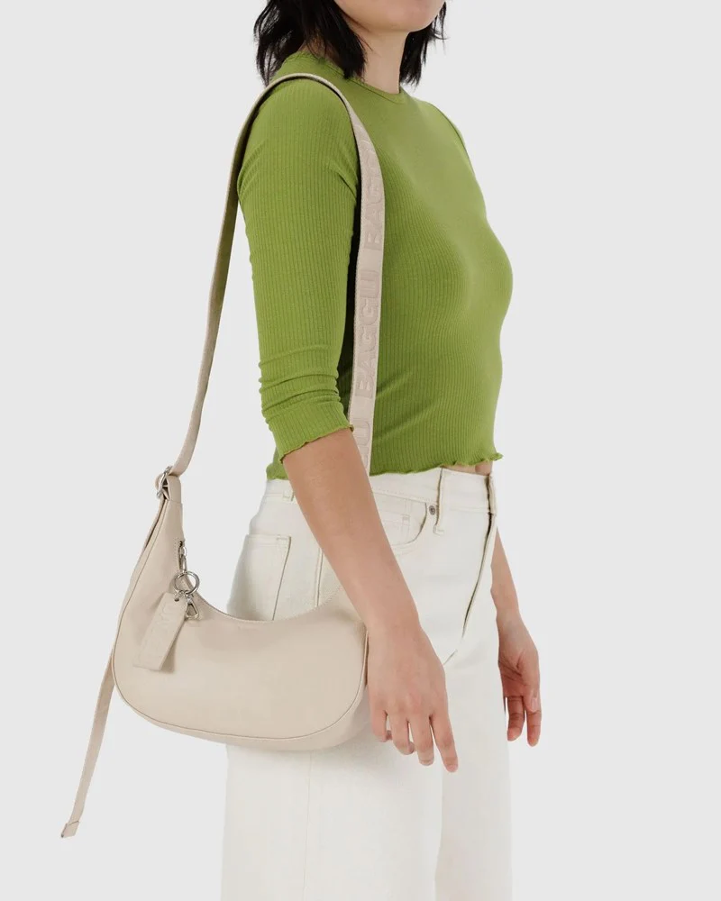 Small Recycled Leather Crescent Bag - Stone - Image 3